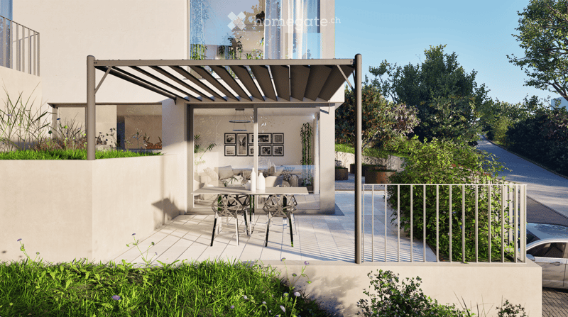 Modern outdoor patio with a pergola, dining table, chairs, and lush greenery surrounding the area.