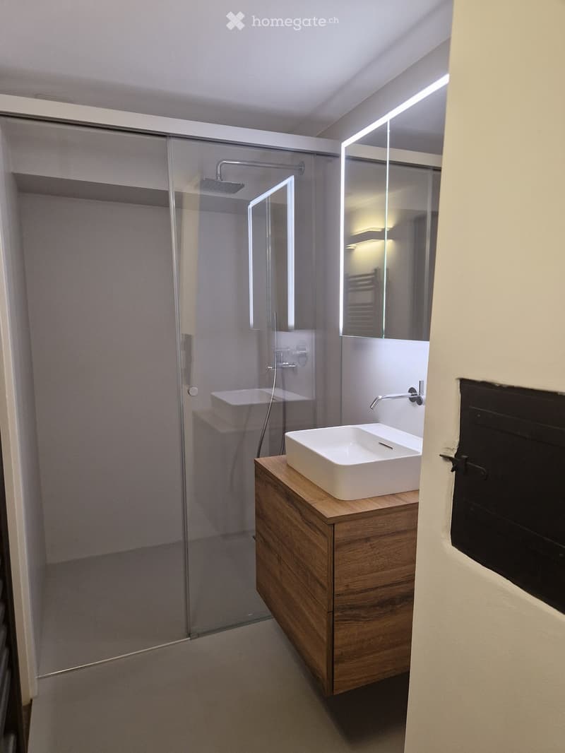 Modern bathroom with a wooden vanity, white sink, glass shower enclosure, and illuminated mirror.