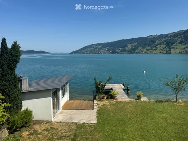 A modern house with a view of a lake and mountains, featuring a wooden deck, potted plants, and a well-maintained lawn.
