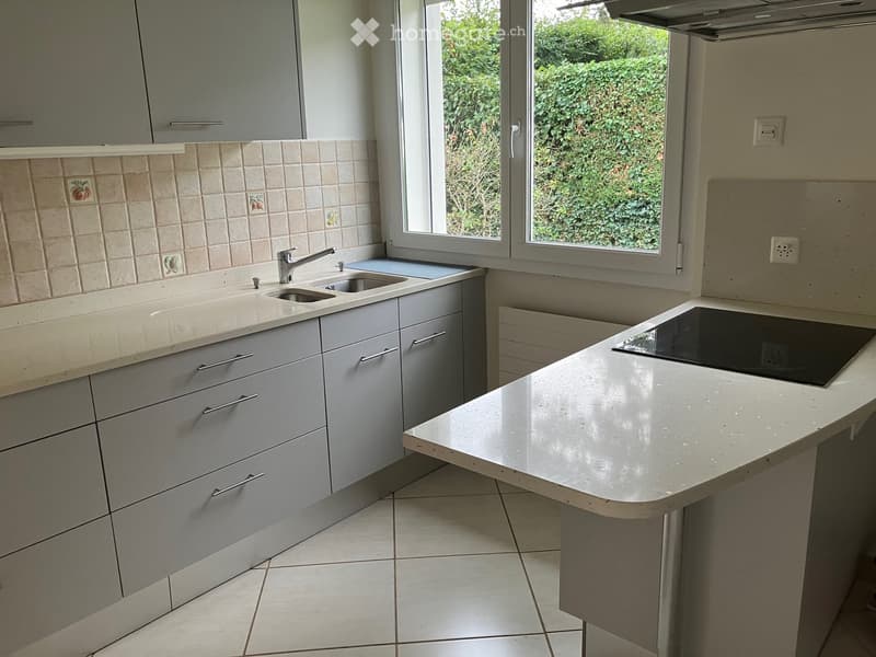 Modern kitchen with grey cabinets, white countertops, a central island with an induction cooktop, and a double sink with a faucet.