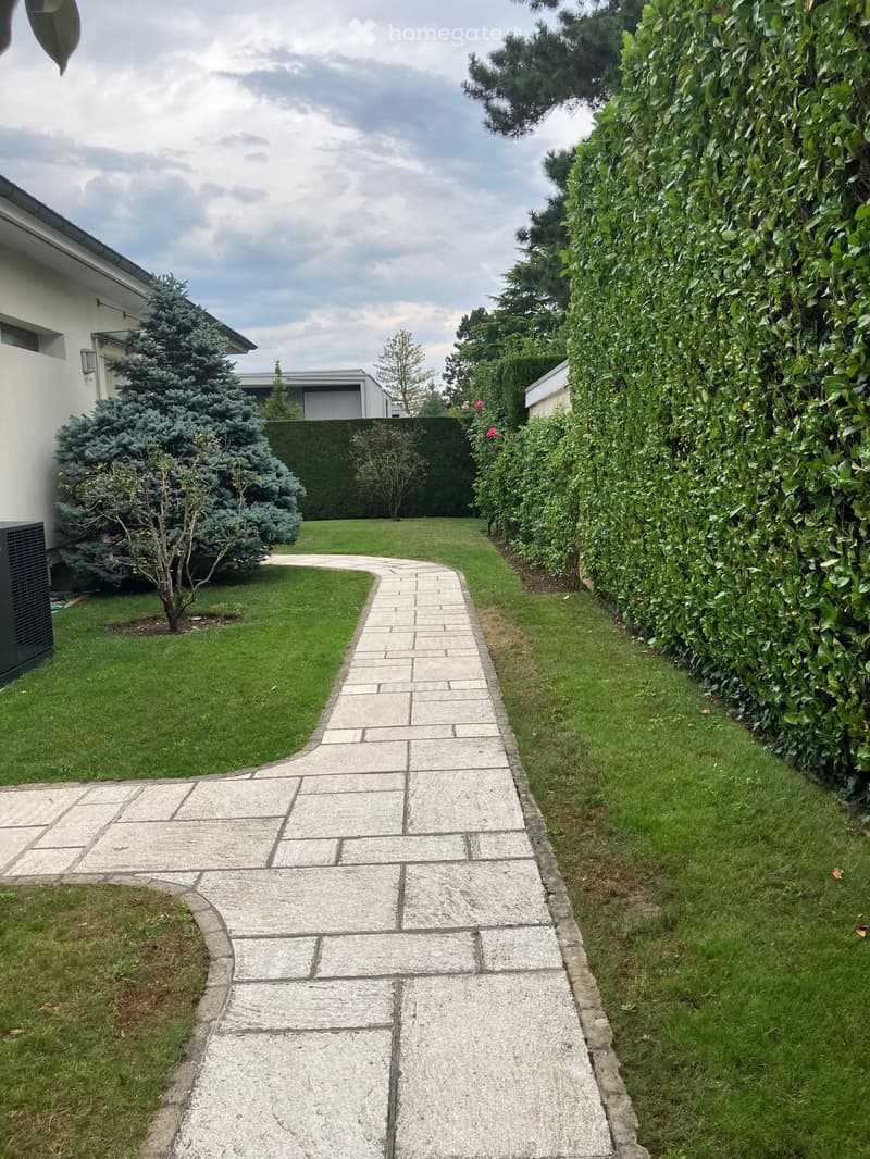 A well-maintained garden pathway lined with neatly trimmed hedges and shrubs, leading to a house with a visible garage and surrounding greenery.