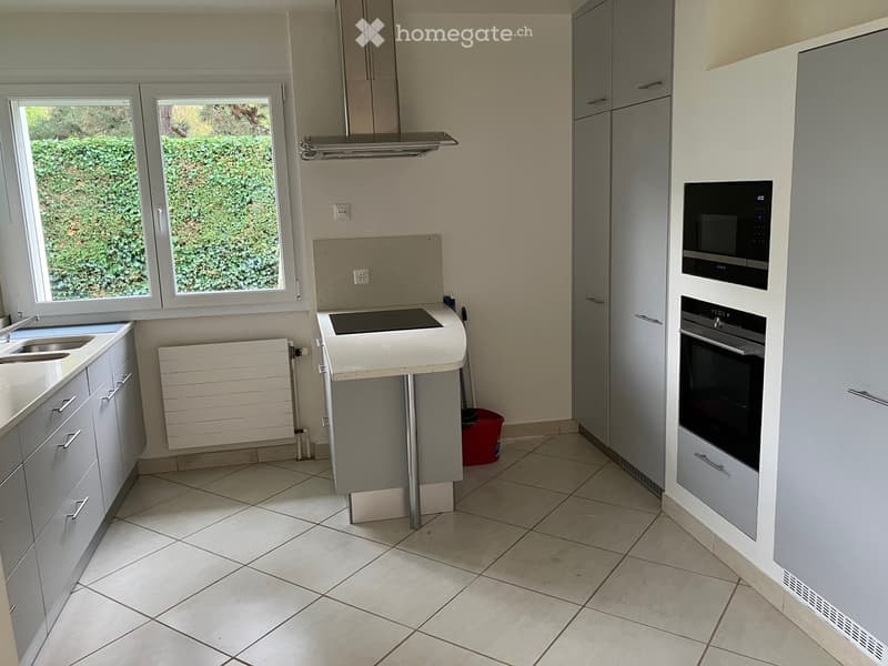 Modern kitchen with white cabinets, stainless steel appliances, tiled floor, and large windows overlooking a green hedge.