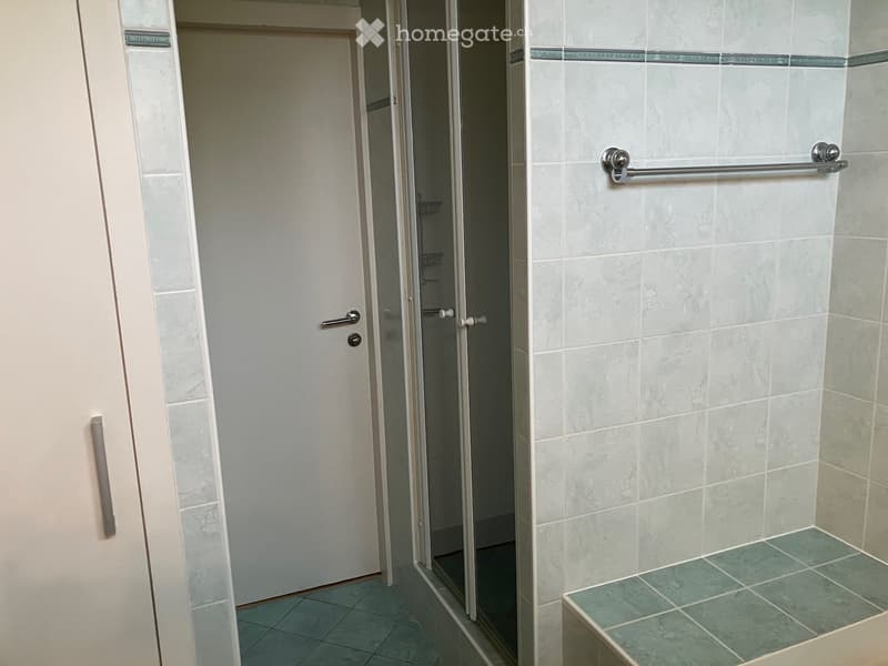 Bathroom with a tiled shower stall, a white door, and a handrail on the wall.