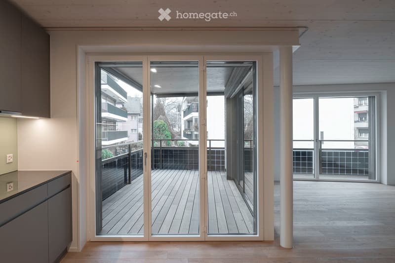 Modern hallway with light wooden flooring, large sliding glass doors leading to a wooden deck and outdoor area, with a view of neighboring buildings and greenery.