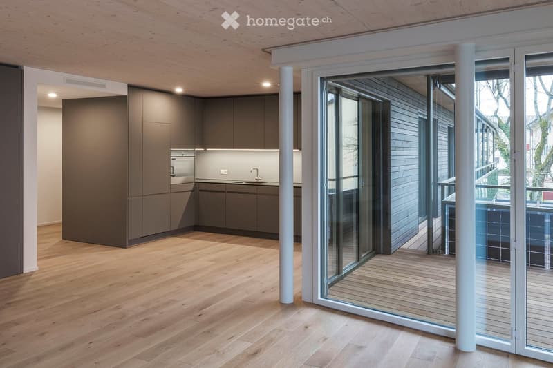 Modern kitchen with grey cabinets, wooden flooring, and a large glass sliding door leading to a wooden deck.