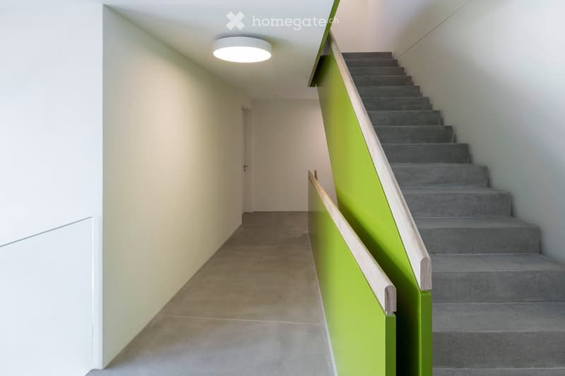 Modern hallway with a carpeted staircase, green accent wall, and a single round ceiling light.