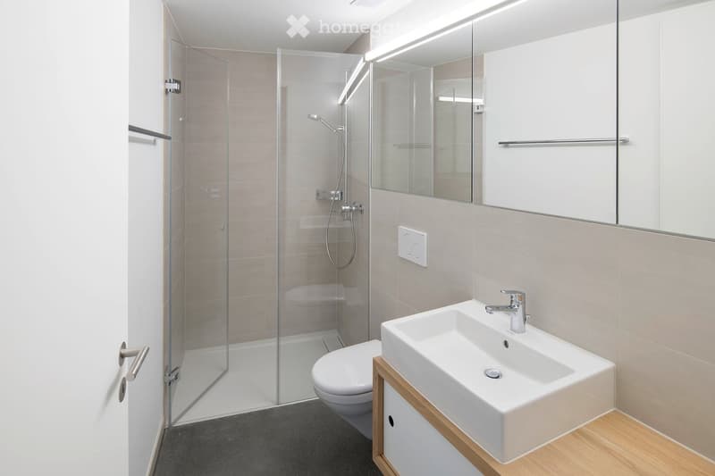 Modern bathroom with a white sink, wooden vanity, large mirror, toilet, and a glass-enclosed shower with a modern showerhead.