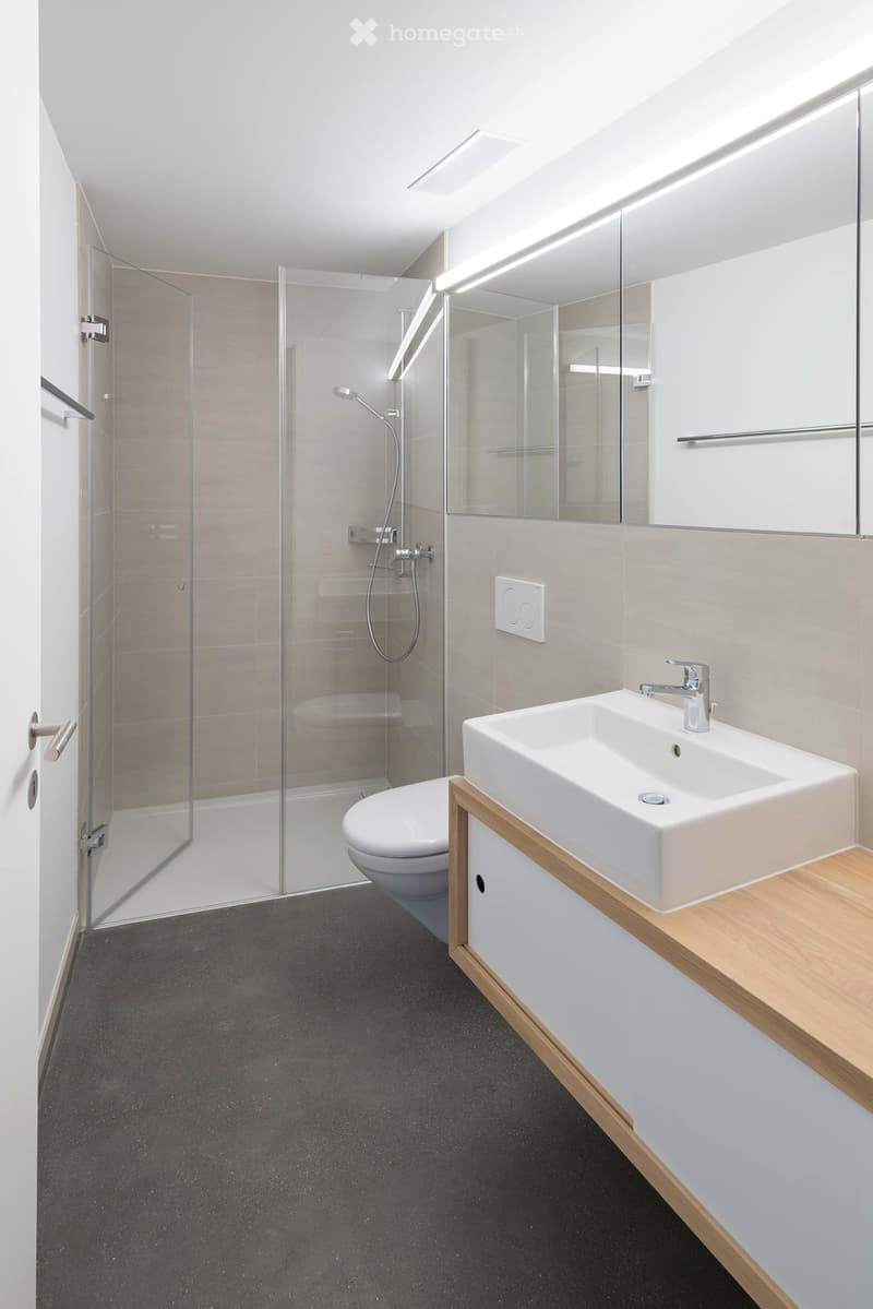 Modern bathroom with a white sink, wooden cabinet, toilet, glass-enclosed shower, and large mirror with built-in lighting.