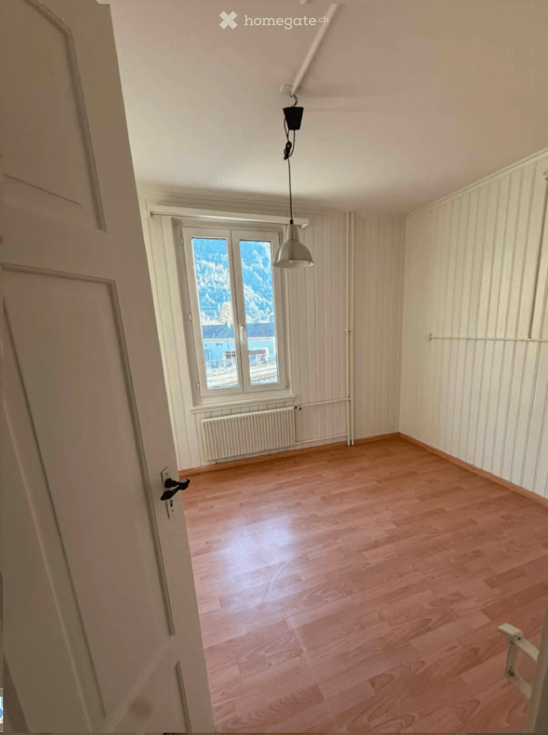 Empty room with wooden flooring, white walls, and a large window offering a view of mountains. The room features a radiator below the window and a hanging light fixture.