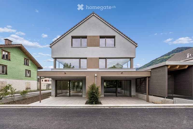 Modern two-story house with a combination of beige and grey exterior walls, large windows, and a flat roof section. The house features a covered entrance area with glass doors and small shrubs in front.