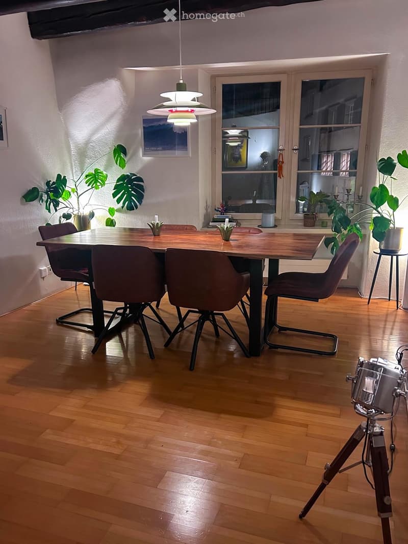 Dining area with a wooden table, four chairs, pendant light, and plants. A drum set and tripod are visible in the foreground.