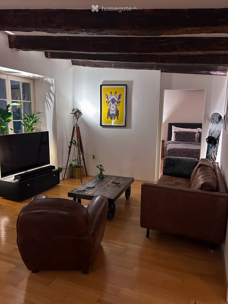 A modern living room with wooden flooring, a large sofa, a leather armchair, a coffee table, a television, a tripod with a camera, a plant, and a picture frame on the wall. A bedroom area is visible in the background with a bed and pillows.