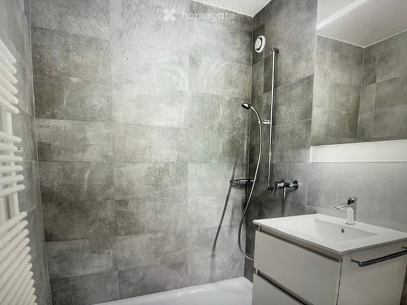 Modern bathroom with grey tiled walls, a white sink, a large mirror, and a shower with a handheld sprayer.