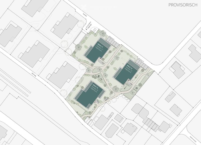 Floor plan showing three buildings labeled Haus 15, Haus 17, and Haus 13, surrounded by green spaces and pathways.