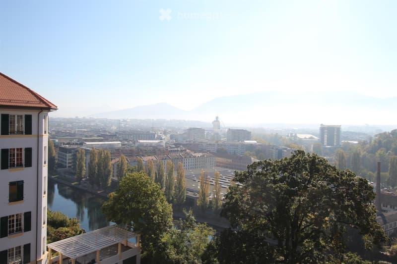 A panoramic view of a cityscape with a river running through it, surrounded by buildings, trees, and distant mountains.