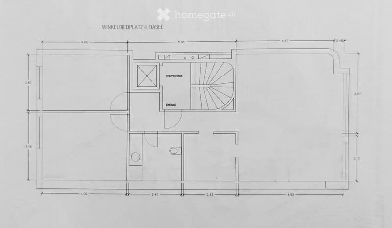 Floor plan of an apartment at Winkelriedplatz 4, Basel, showing a staircase, entrance, and several rooms with dimensions labeled.