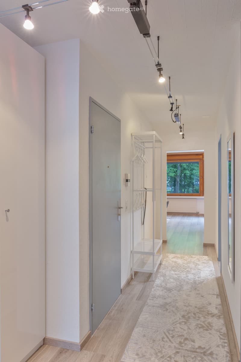 Modern hallway with wooden flooring, white walls, and a coat rack. Features recessed lighting and a large window at the end.