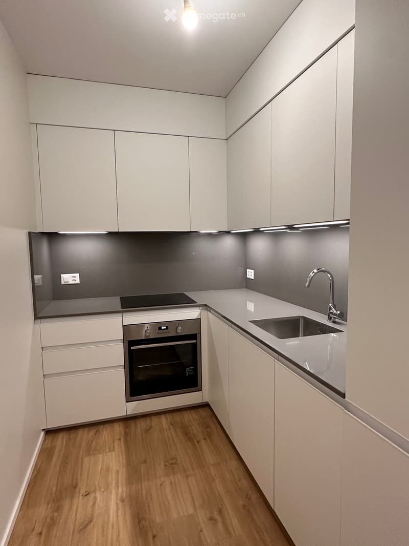 Modern kitchen with white cabinets, stainless steel sink and faucet, built-in oven, and wooden flooring.
