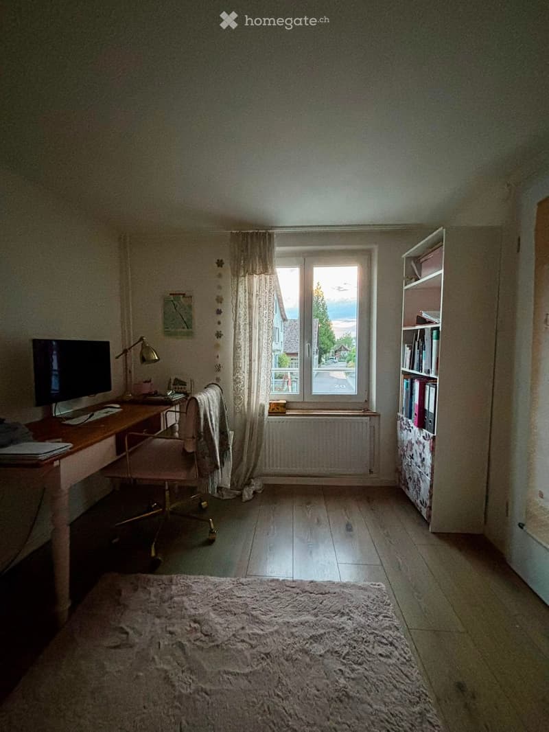 A furnished bedroom with a desk, chair, bookshelf, lamp, screen, and a large fluffy rug on the floor.