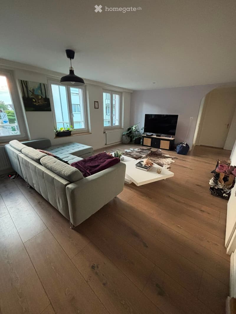 Modern living room with wooden flooring, large windows, grey sectional sofa, coffee table, TV, floor lamp, and decorative plants.