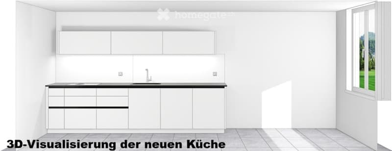 Empty kitchen with white cabinets, black countertop, and a sink. No appliances or furniture present.