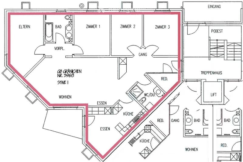 Floor plan showing multiple rooms including living area, kitchen, bedrooms, bathrooms, and entrance area.