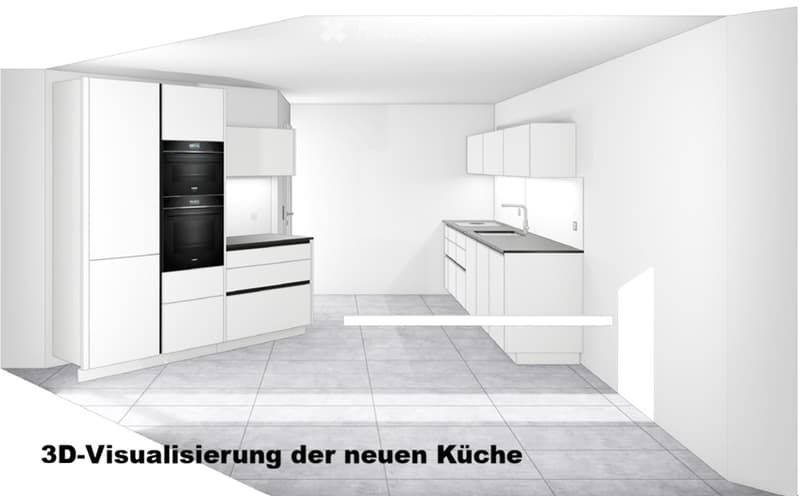 3D visualization of a modern kitchen with white cabinets, a built-in oven, a sink with a faucet, and tiled flooring.