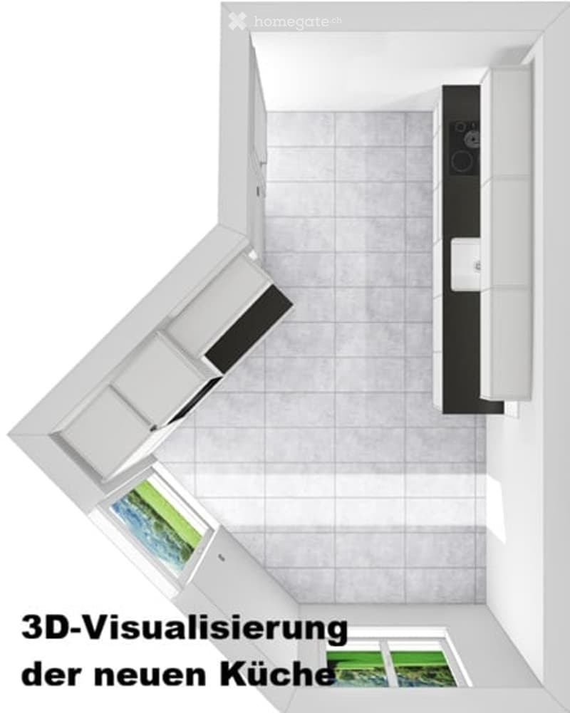 3D visualization of a modern kitchen layout with built-in cabinets, a sink, and a window.