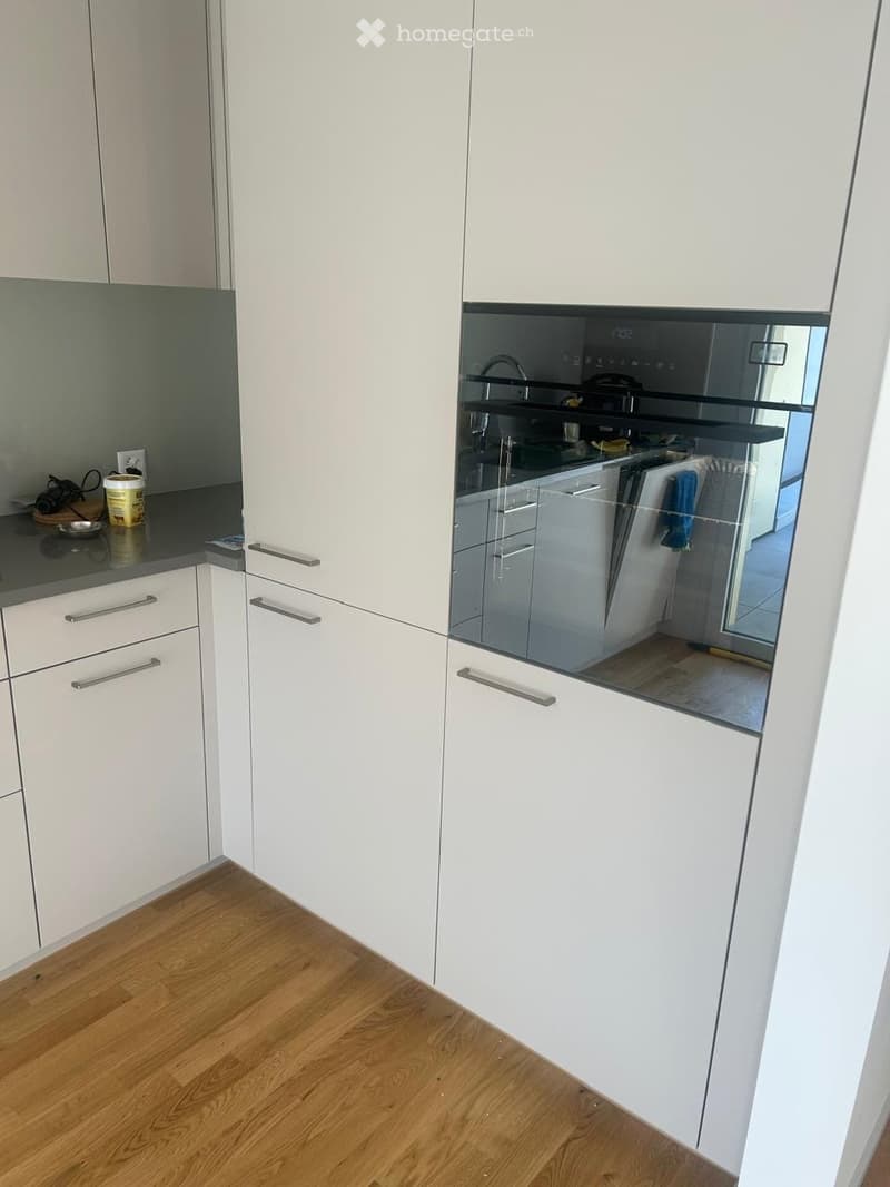 Modern kitchen with white cabinets, stainless steel appliances, and wooden flooring.