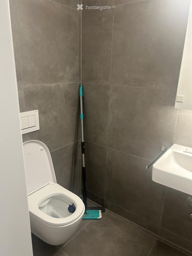 Modern bathroom with a toilet, sink, and a mop leaning against the wall. The walls are tiled in a dark gray color, and the floor is also tiled.