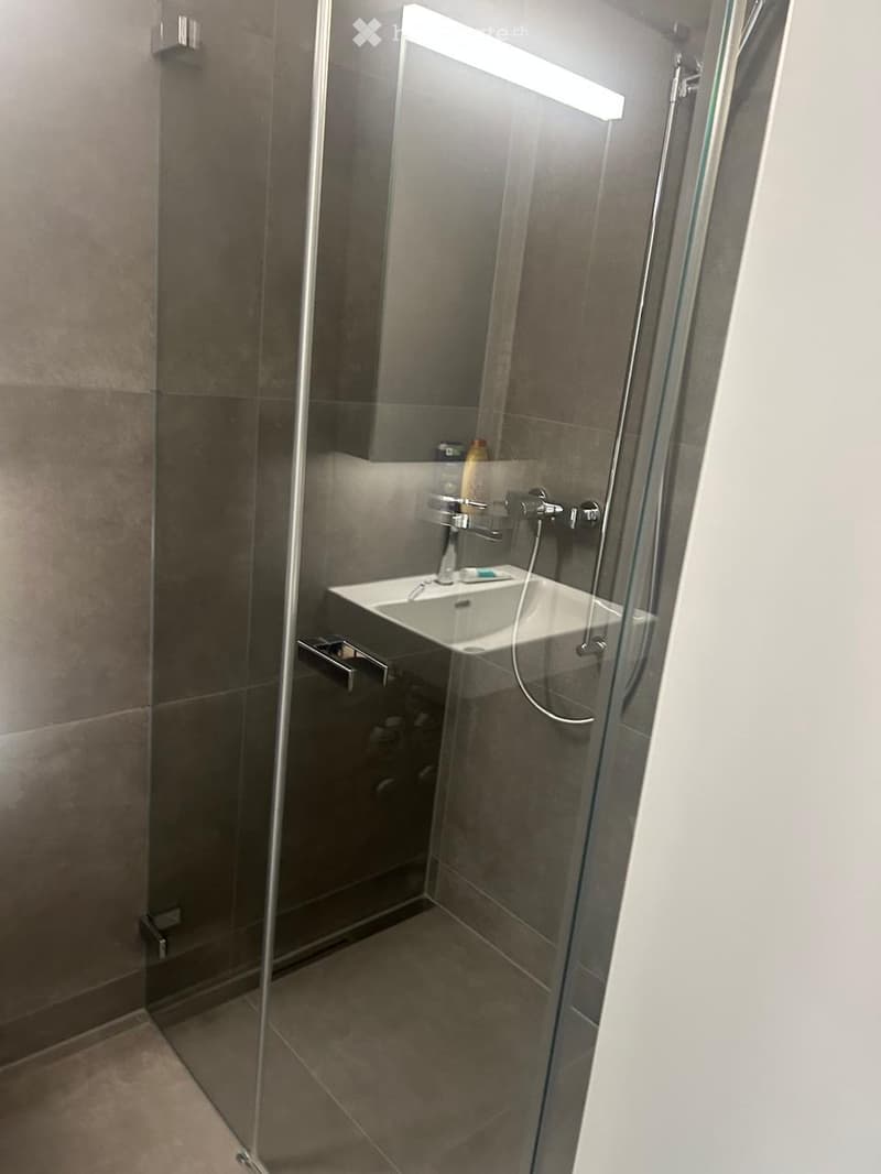 Modern bathroom with a glass-enclosed shower, a white sink with a chrome faucet, and a built-in shelf holding toiletries.