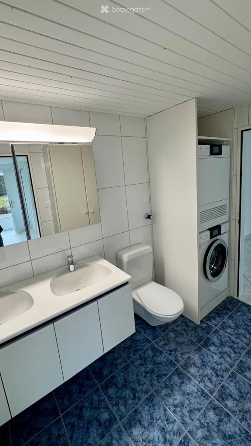white and blue tiled bathroom, with 2 sinks, a toilet, and a stackable washer and dryer