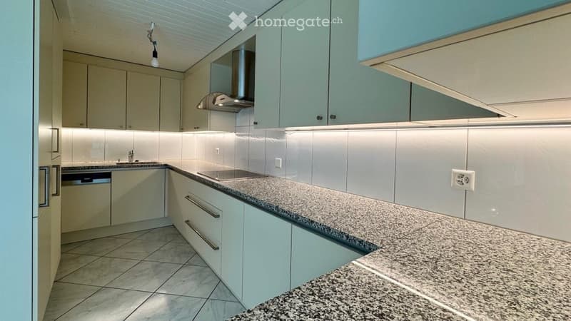white kitchen with granite countertop, white cabinets, integrated dishwasher, gas stove, stainless steel hood