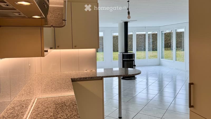 Modern kitchen, tile floor, white cabinets, fireplace, large windows