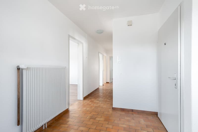 Empty hallway with white walls, wooden flooring, and several doors leading to other rooms.