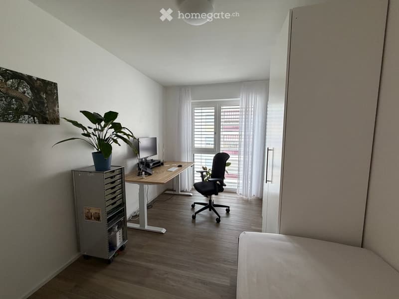A modern, multi-functional room with a sofa, desk, office chair, and a potted plant. The room features large windows with white curtains and a wooden floor.