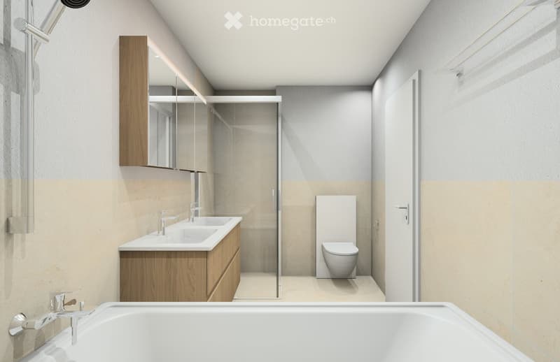 Modern bathroom with a bathtub, double sink, toilet, and a glass-enclosed shower. Features a wooden vanity, sleek fixtures, and a large mirror.