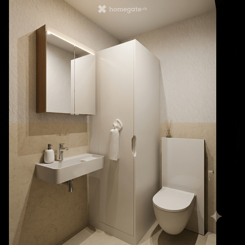 Modern bathroom with a white sink, mirror cabinet, toilet, and built-in storage. Features a sleek design with beige tiles and soft lighting.