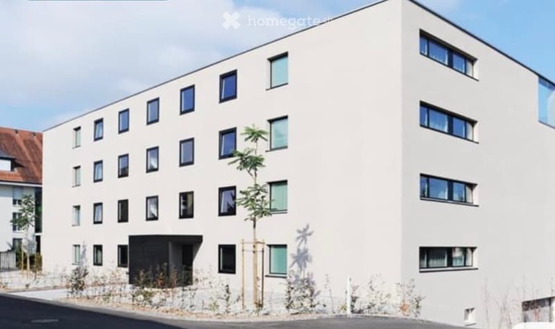 modern white building, 4 floors, many windows, central entrance