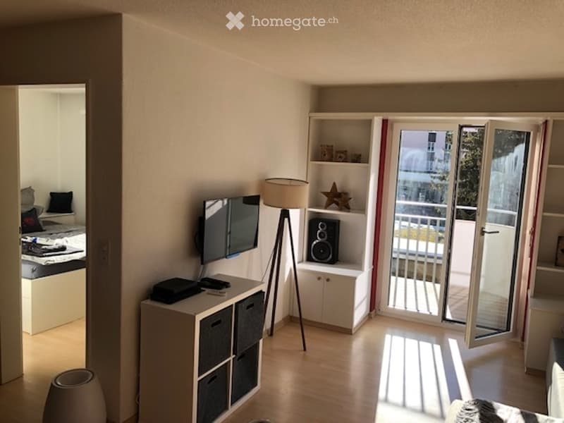 Balcony, Flat screen TV, shelves, lamp, wooden floor, double bed in bedroom