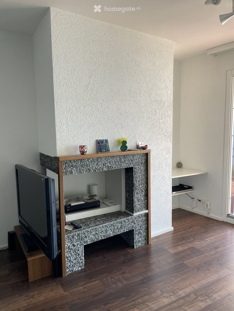 Modern living room with a fireplace, television, and decorative items on the mantel. The room features wooden flooring and white walls.