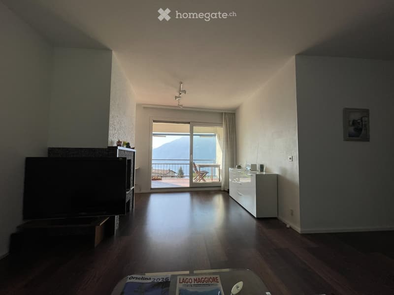 Modern living room with wooden flooring, large sliding glass doors leading to a balcony with a scenic mountain view, a television, a small table, and a cabinet.