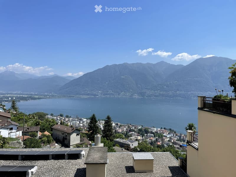 Panoramic view from a rooftop terrace overlooking a lake and distant mountains, with solar panels on the roof and a cityscape below.