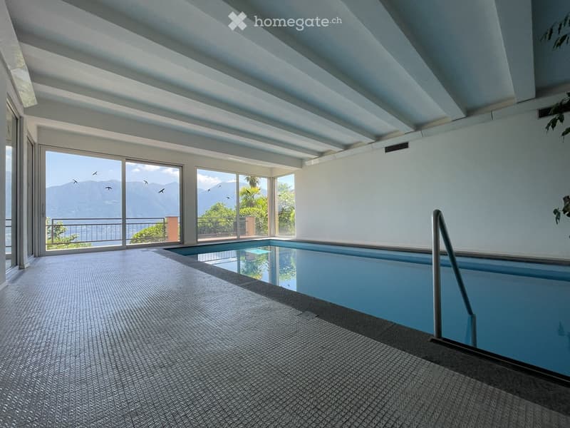 Indoor swimming pool area with large windows offering a scenic mountain view, featuring a modern ceiling design and a textured floor.