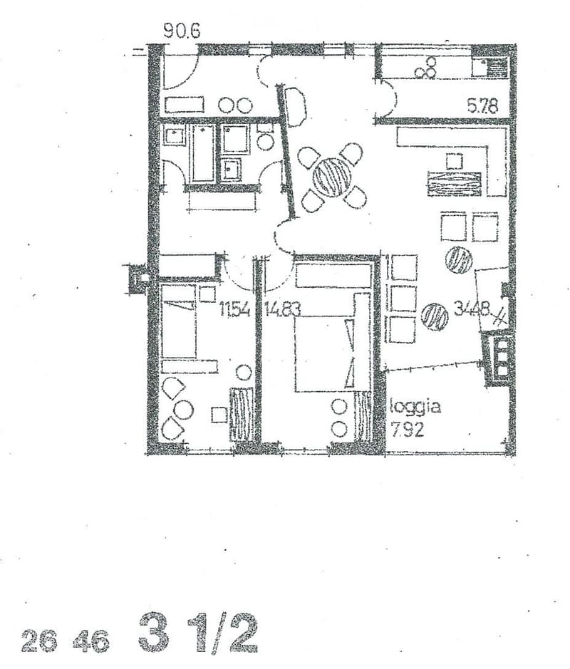 Floor plan of a 3.5-bedroom apartment with a living room, dining area, kitchen, bedrooms, bathrooms, and a loggia.