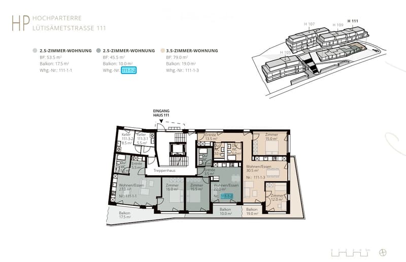 Floor plan of a multi-unit building showing three apartments (2.5-room, 2.5-room, and 3.5-room) with living/dining areas, bedrooms, bathrooms, and balconies.
