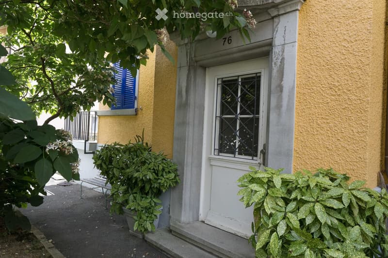 Entrance to a building with a white door, decorative window, potted plants, and a small bench nearby.