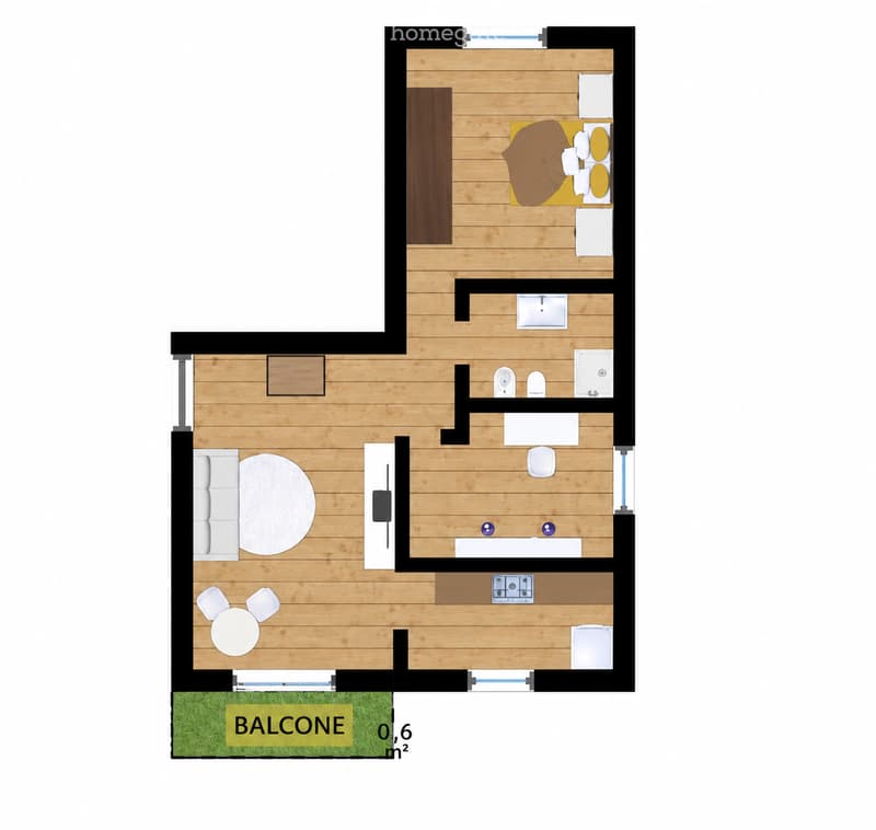 Layout includes a living room, bedroom, kitchen, bathroom, and a balcony.