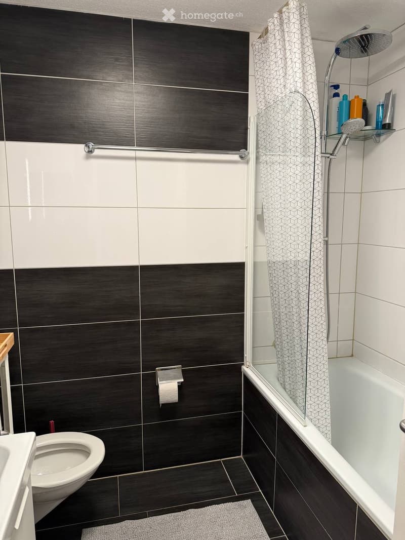 Modern bathroom with dark tiled walls, white bathtub, shower curtain, toilet, and a shelf with toiletries.