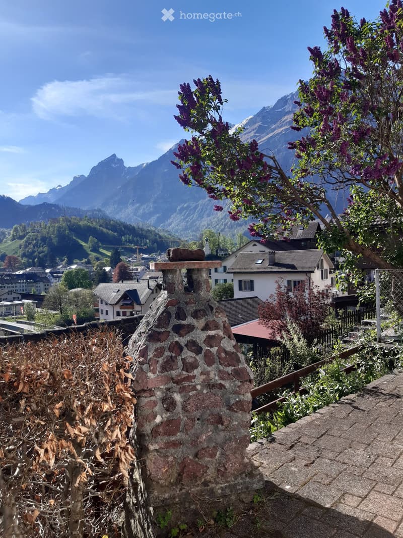 A scenic outdoor view from a rooftop, featuring a stone chimney, lush greenery, blooming lilac trees, and a picturesque mountain backdrop with a town below.